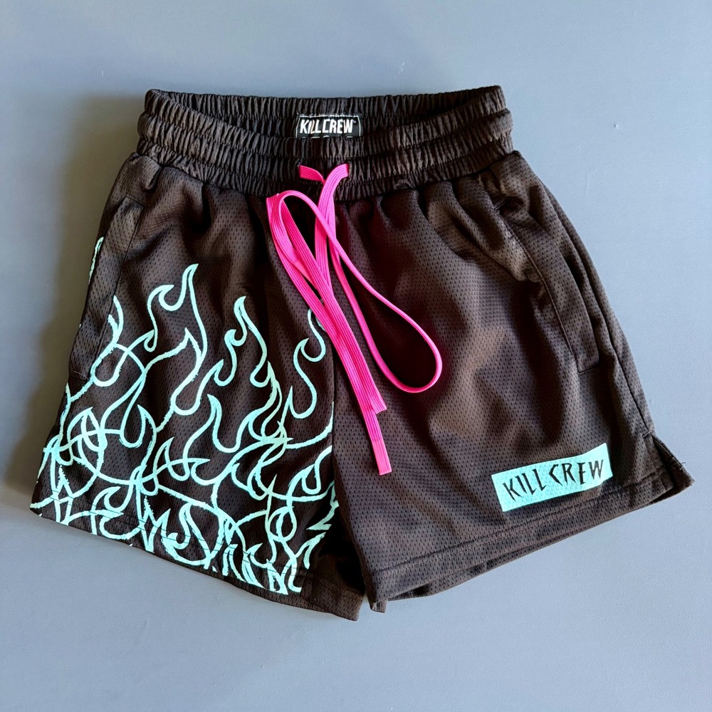 Kill Crew Mesh Flame Muay Thai Shorts | Sz S | Black Teal Pink Drawstring